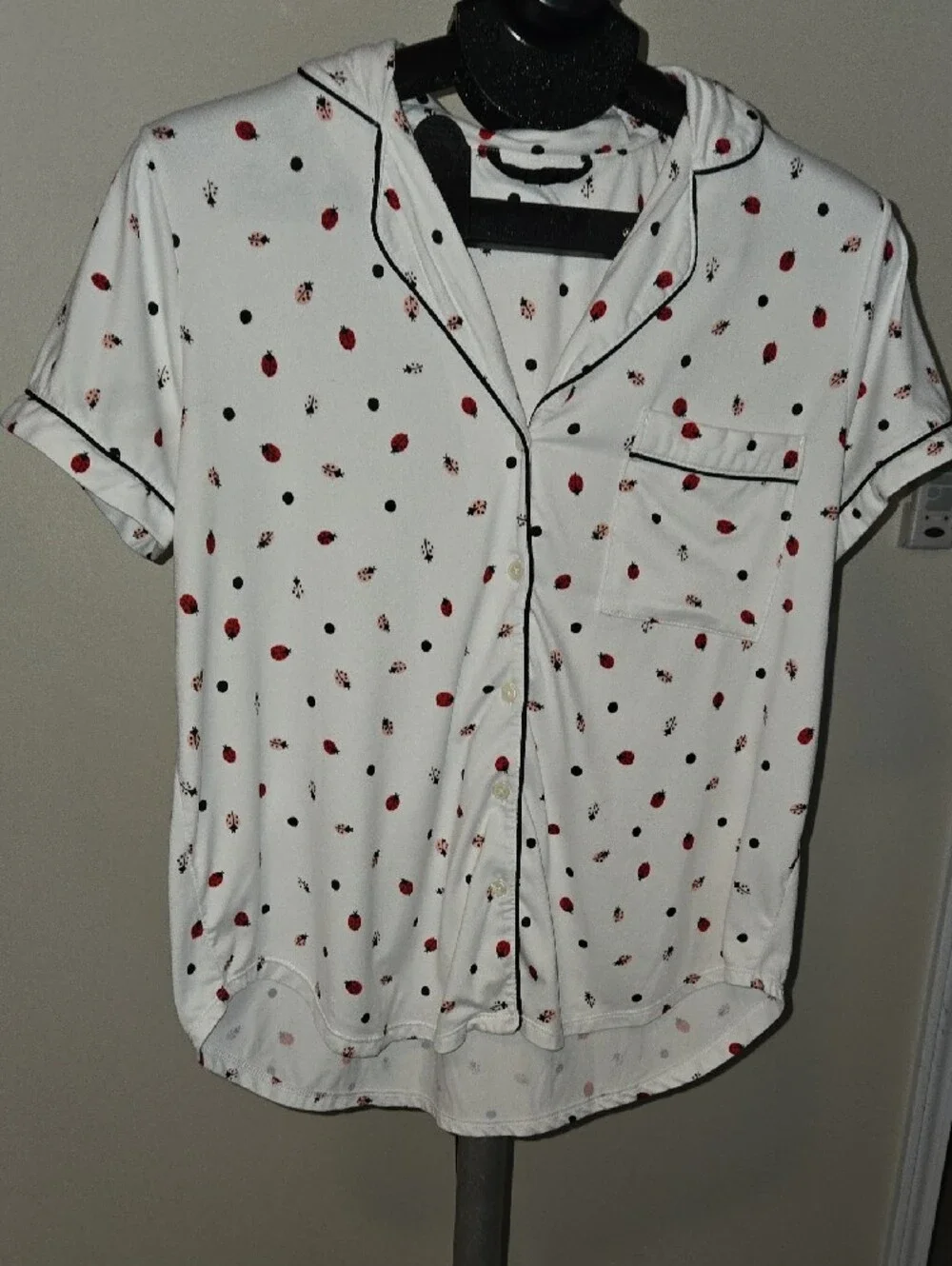 Kate Spade White Short Sleeve Button Pajama Set with Ladybug Dot Print